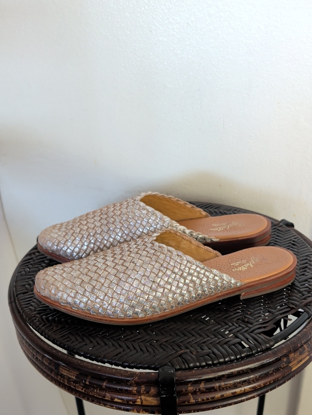 Seychelles Leather Woven Silver Mules Size 8